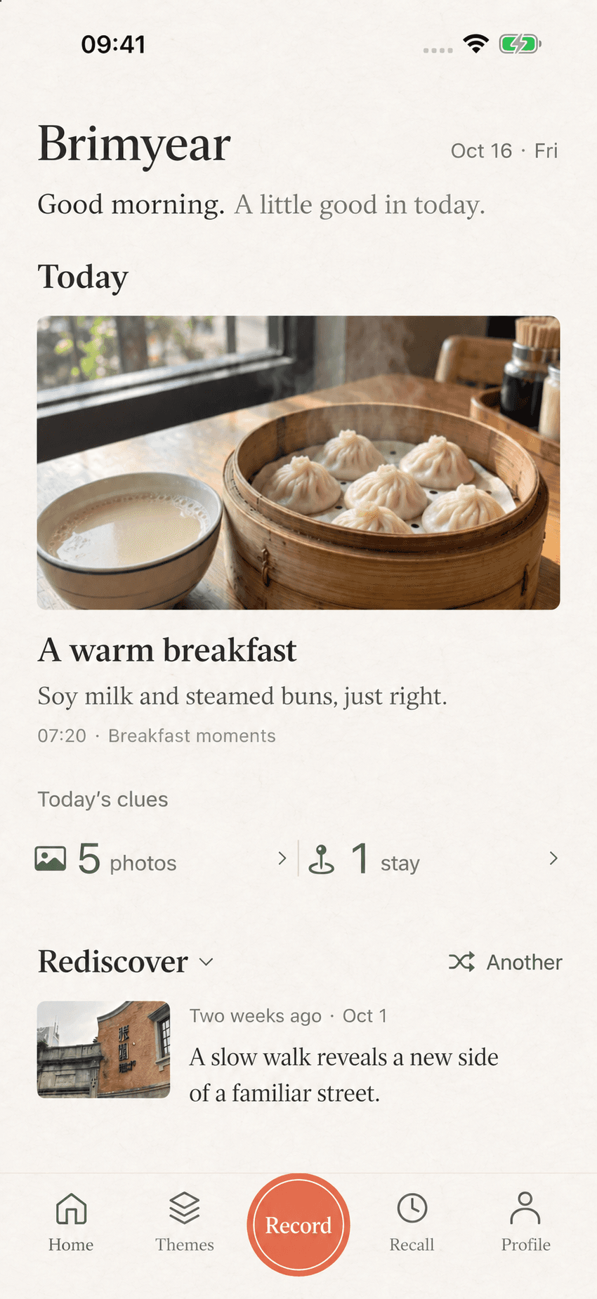 Brimyear Home with a breakfast record, optional daily clues and an earlier moment