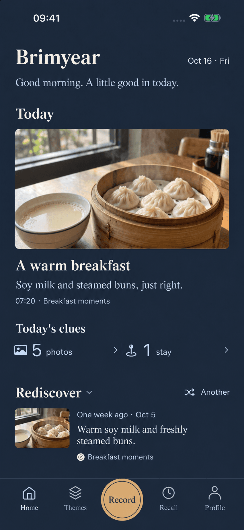 Brimyear Home in a dark indigo appearance with a breakfast record and optional daily clues