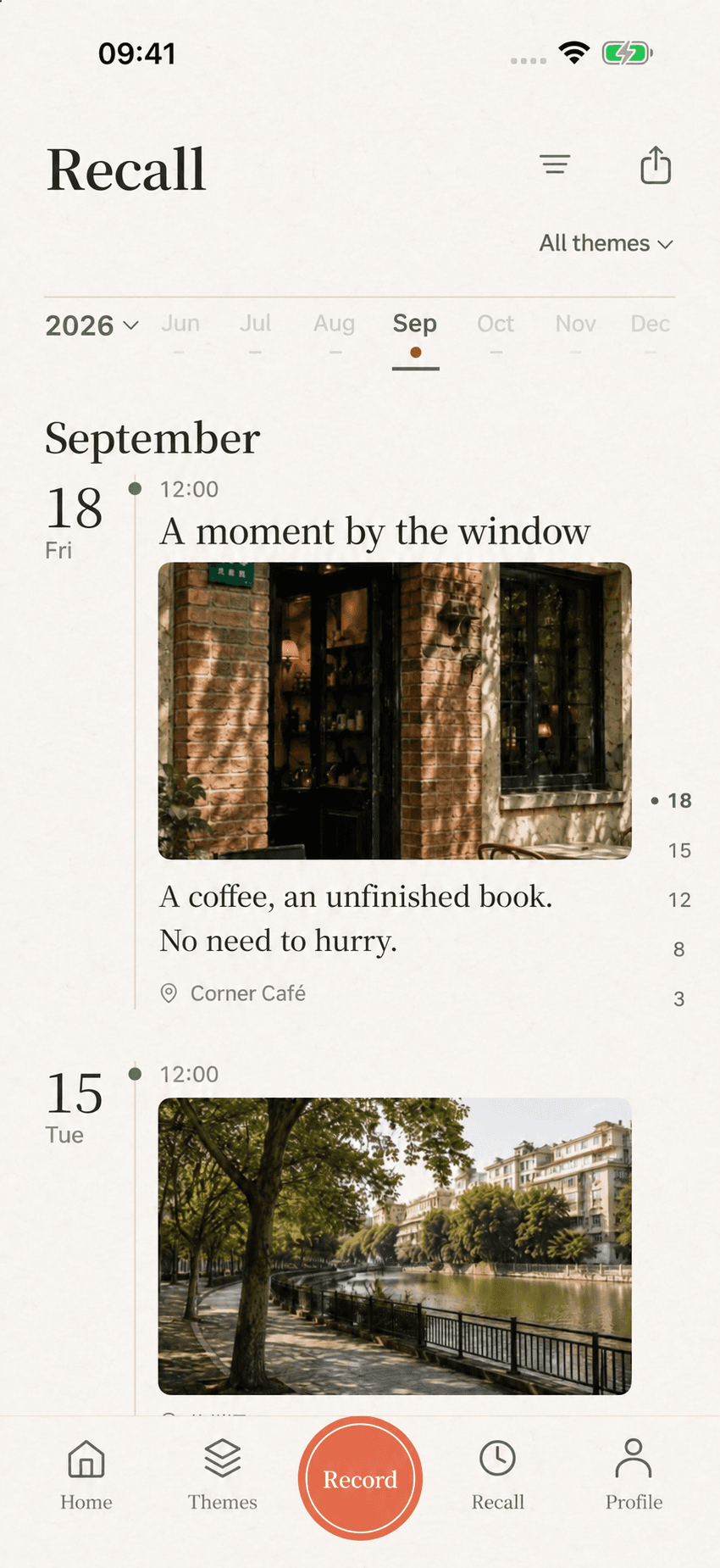 English Recall timeline showing dated photos and writing with year and month navigation
