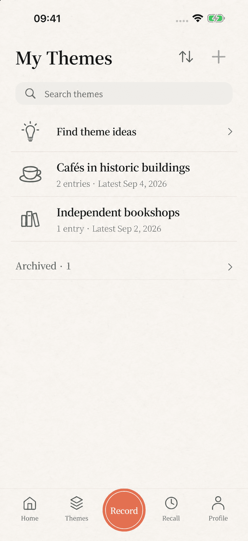 Searchable English theme directory with icons, names and a collapsed archived group